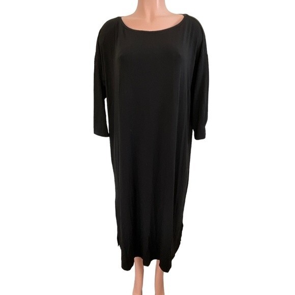 EILEEN FISHER Black‎ 3/4 Sleeve Scoop Neck Shift MIDI Dress Size Medium - Picture 1 of 6